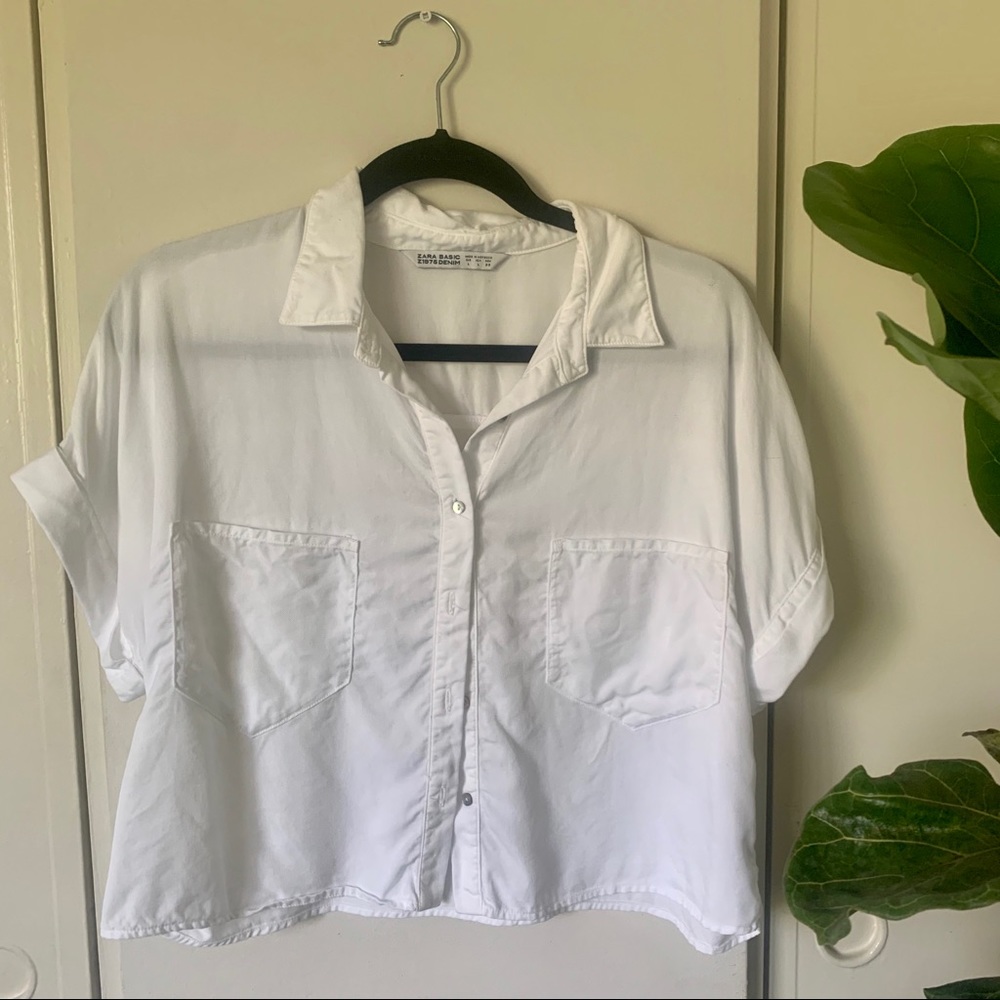 Zara Basic White Short Sleeve Cropped Button Down